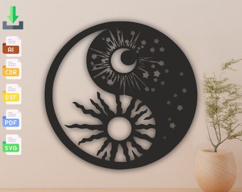 Yin yang symbol sun moon buddhism art laser cut svg dxf files wall sticker engraving silhouette template cut digital vector instant download