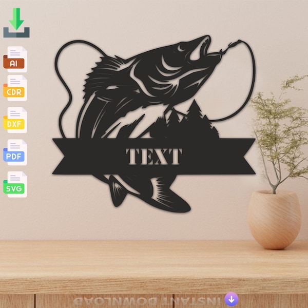Custom walleye fishing design laser cut svg dxf files wall sticker engraving decal silhouette template cut digital vector download