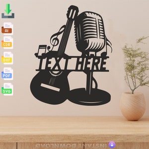 May include: Black and white silhouette of a guitar and microphone with the text "TEXT HERE" in the center. The guitar is on the left and the microphone is on the right. The microphone is on a stand.