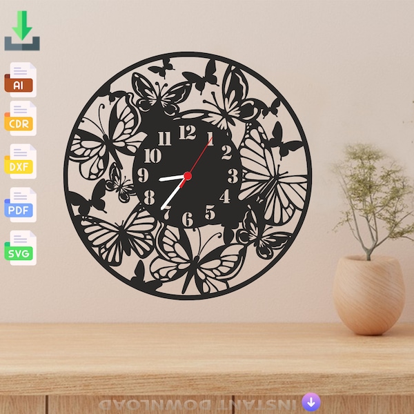 Butterfly Butterflies Art Wall Clock, aser cut svg dxf files wall sticker engraving decal silhouette template cnc cut laser digital download