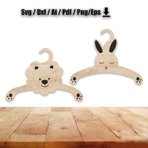 Cintres en bois lion et lapin, cadeau bébé garçon, cadeau bébé fille, SVG, DXF, CDR, plans vectoriels fichiers Glowforge Téléchargement immédiat