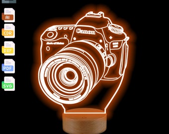 Lámpara LED acrílica con forma de cámara: regalo para fotógrafos con ilusión 3D (archivos digitales)