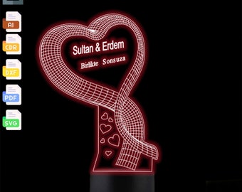 Personlig 3D-lampa med hjärta: Laserskuren SVG-fil (digital nedladdning)