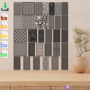 May include: A collection of 30 black and white geometric patterns, displayed on a wall. The patterns are in a variety of styles, including squares, circles, and lines. The patterns are all in a rectangular format.