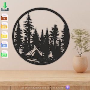 Camping in the forest laser cut svg dxf files wall sticker engraving decal silhouette template cut laser digital vector instant download