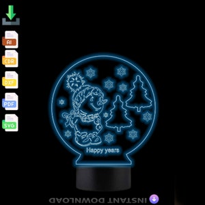 Snowman 3d desk lamp,Acrylic Hologram Night Led Lamp Laser Cut Engraving Dxf Glowforge Svg File Digital Vector Files Instant Download