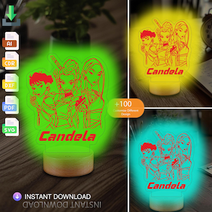 Pode incluir: Uma luz noturna LED brilhante com um contorno vermelho de três figuras com espadas e a palavra "Candela". A luz está sobre uma base de madeira e está disponível em várias cores. A imagem também mostra formatos de arquivo de design.