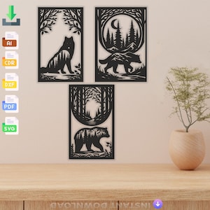 Wolf Bear Nature Panels: Laser Cut Wall Art (SVG, DXF)