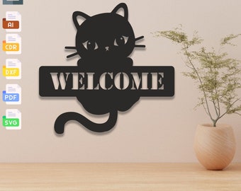 Letrero de bienvenida para gatos, archivo cortado con láser: SVG DXF vectorial (descarga digital)