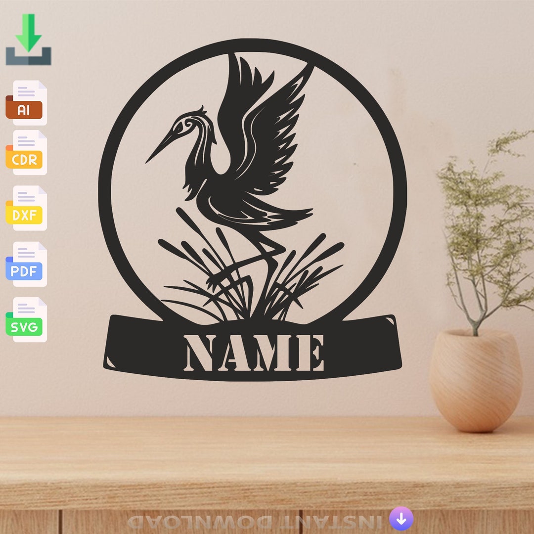 Personalized Heron Bird Design Laser Cut Svg Dxf Files Wall Sticker