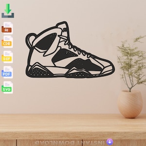 May include: Black and white silhouette of a high-top sneaker with a distinctive design. The shoe is shown against a light beige background.