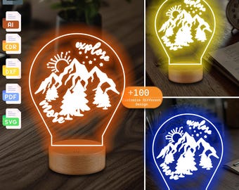 Lámpara de montaña cortada a láser SVG: Plantilla de lámpara de madera 3D (Descarga digital)