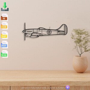 May include: A black metal wall art piece shaped like a vintage propeller airplane in profile. The design features a single propeller at the front, a cockpit canopy, and a circular insignia on the fuselage, rendered in a clean, minimalist line art style.