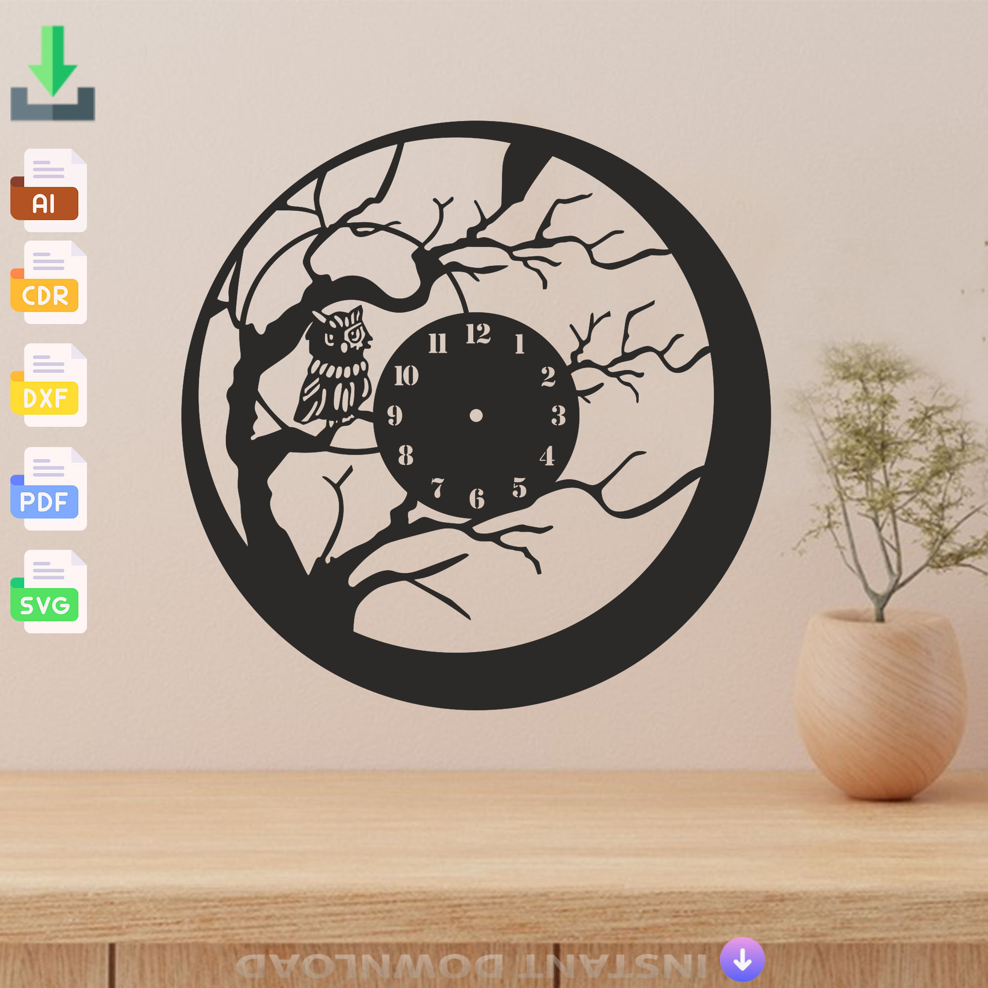 Owl Tree Clock Laser Cut File: CNC, Glowforge, Cricut (Digital Download)