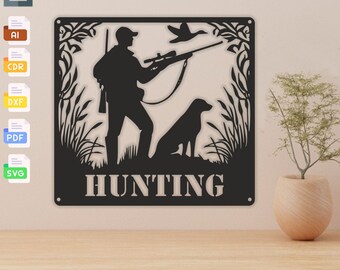 May include: Black and white silhouette of a hunter with a rifle and a dog, standing in tall grass. The text "HUNTING" is below the image.