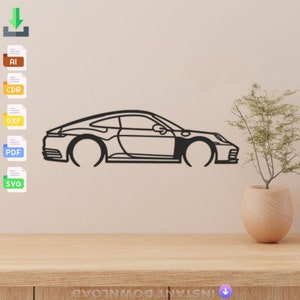 以下が含まれることがあります： 薄いベージュの壁に、黒と白の線で描かれたスポーツカーの絵。車は画像の右側を向いている。車は横向き。車は白い背景の上にある。