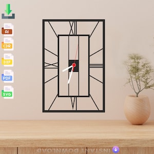 May include: Black and white clock face with Roman numerals. The clock is framed in a black square with a black inner square. The clock hands are white and red.