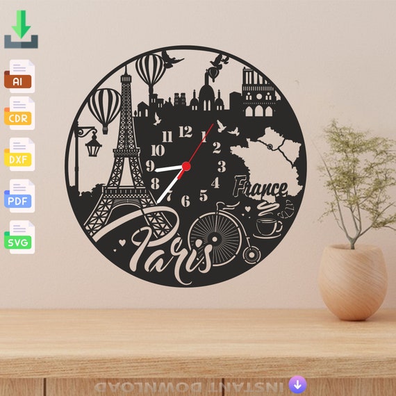 Reloj de pared parisino SVG: Plano de fresadora CNC cortada a láser  (descarga digital)
