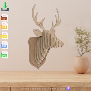 Deer Head 3mm Wall Decor Wall Art Laser Cut Dxf Glowforge Svg File CNC Router Cutting xTool Template Instant Digital Vector Ai Pdf Eps Files