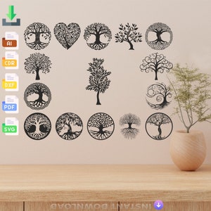 May include: A set of 13 black and white tree of life SVG cut files. The designs include a heart, a tree with roots, and a tree with branches. The files are perfect for creating unique home decor, gifts, and crafts.