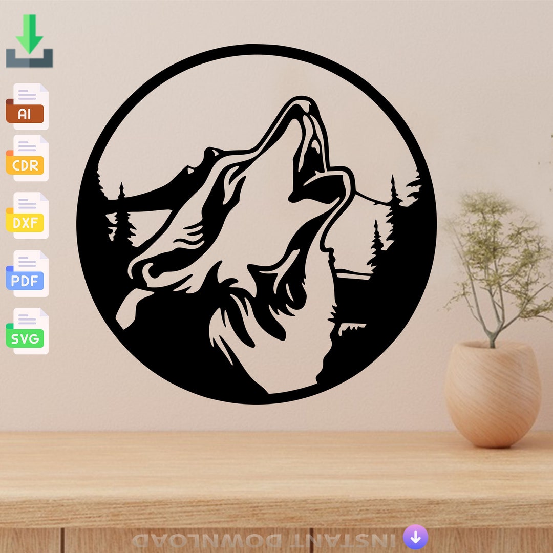 Howling Wolf Wall Art Laser Cut Svg Dxf Files Wall Sticker Engraving ...