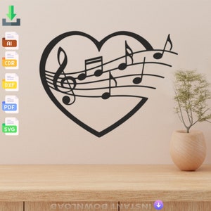May include: Black metal heart-shaped wall decor with musical notes flowing out of it. The notes are stylized and include a treble clef.