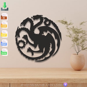 Disegno del drago Targaryen, taglio laser, file dxf in formato svg, adesivo da parete incisione decalcomania silhouette modello taglio digitale vettoriale download immediato