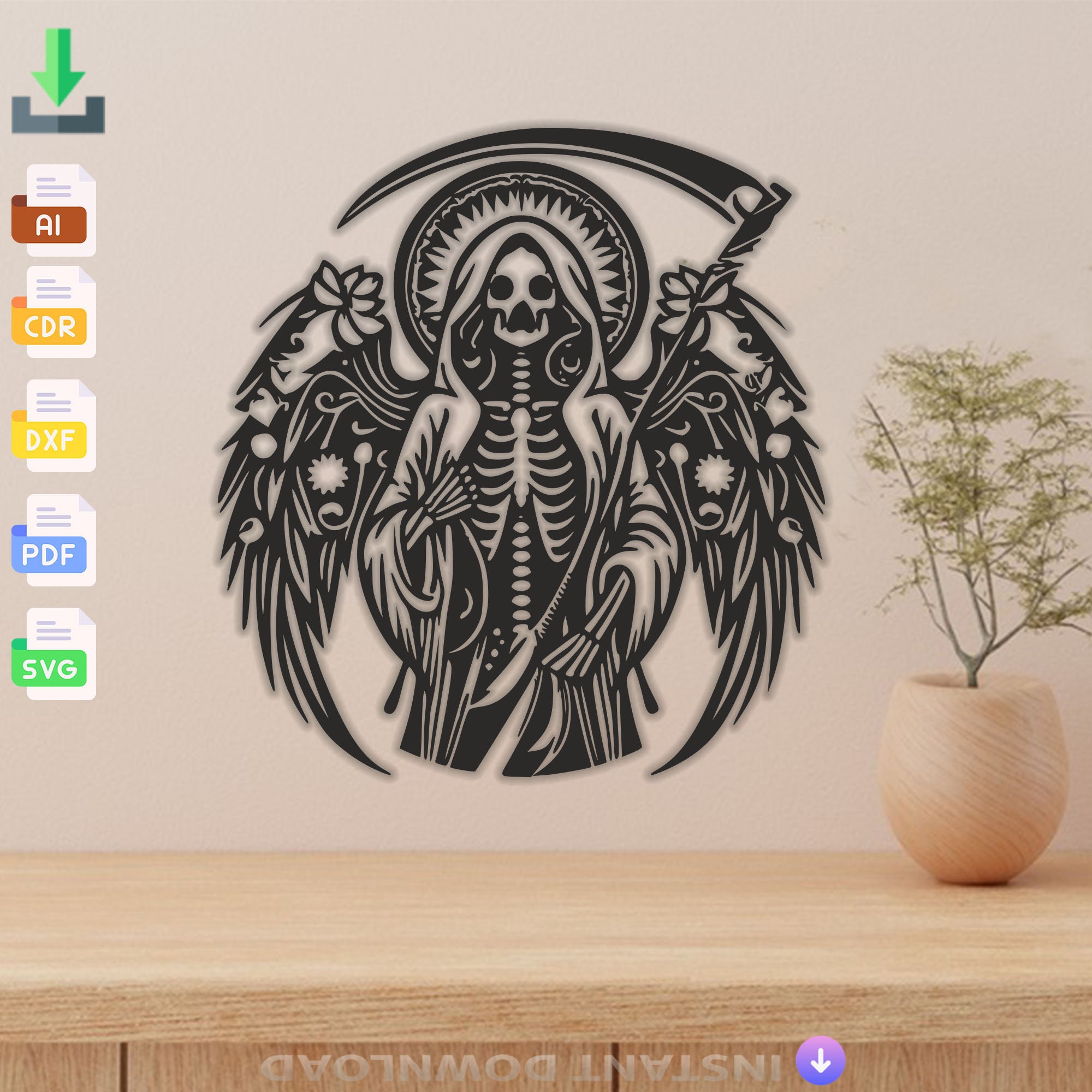 Diseño de la Santa Muerte cortado con láser: archivos vectoriales SVG y DXF  (descarga digital), image size:2000x2000