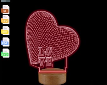 Kärlekshjärta 3D-nattlampa SVG laserskurna filer (digital nedladdning)