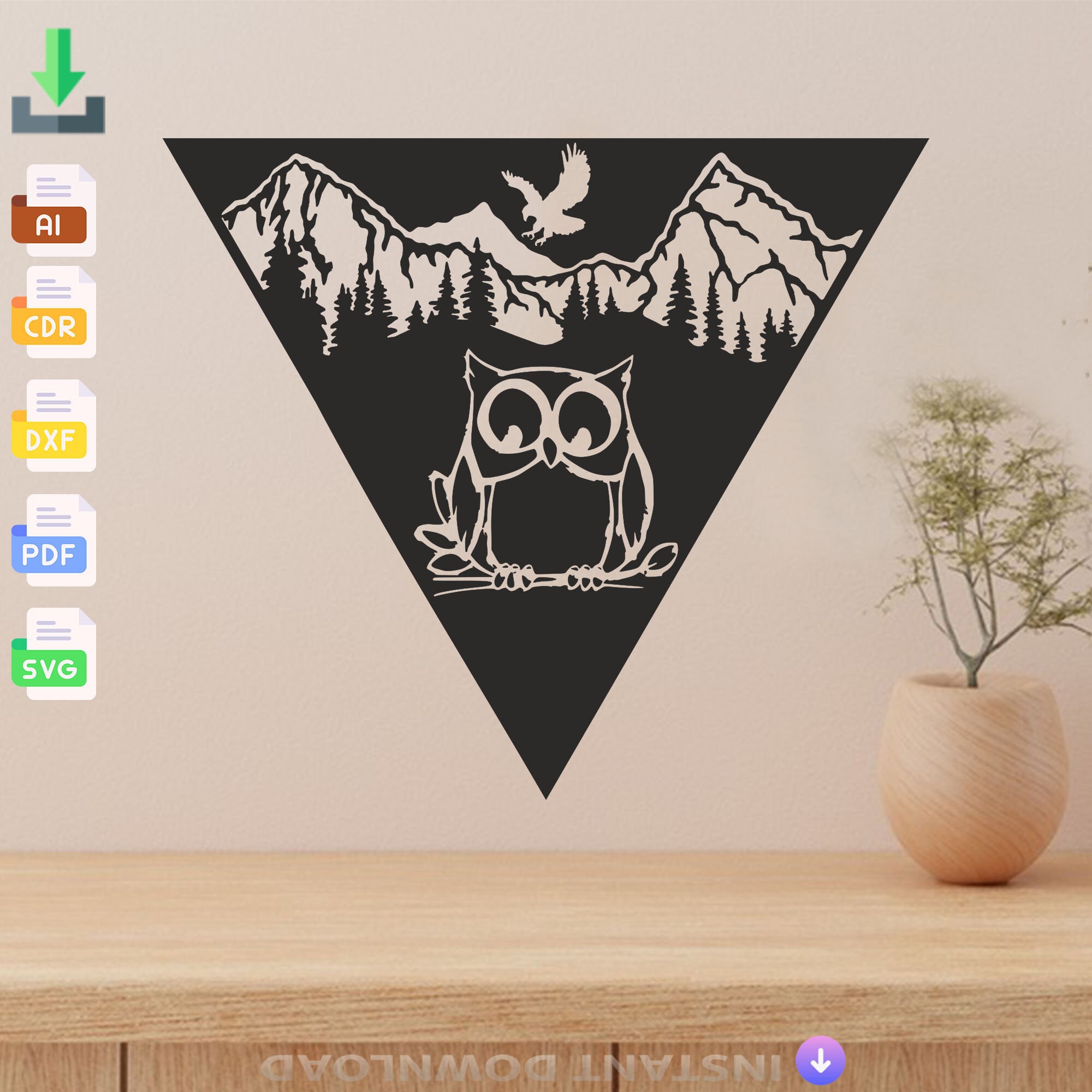 Nature Mountain Owl Decoration Laser Cut, Svg, Dxf, Glowforge CNC Cutting, Pdf , Dxf, Svg Ai Eps Dig
