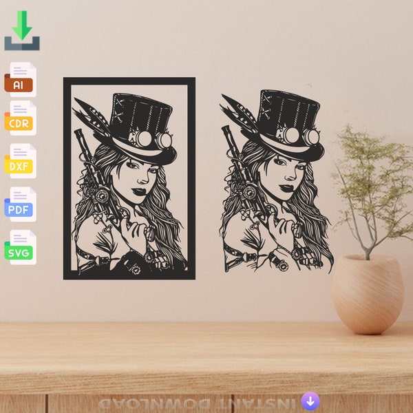 Wall Decoration Steampunk Girl Silhouette for Cricut Laser Cut,Svg,Dxf, Glowforge CNC Cutting,Pdf,Eps Digital Vector Files Instant Download