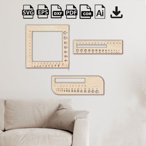 May include: Three wooden rulers with holes for yarn and a ruler on each. The rulers are on a white wall with a sofa in the foreground.
