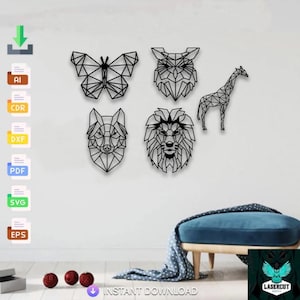 5 Geometric Safari Animals Svg, laser cut wall art sticker, silhouette template, cnc cutting router digital vector instand download