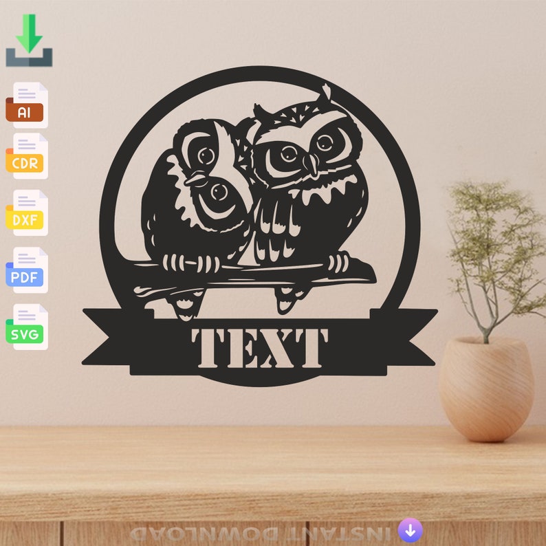 Owl Monogram Design svg dxf files wall sticker engraving decal silhouette template cnc cutting laser digital vector instant download image 1