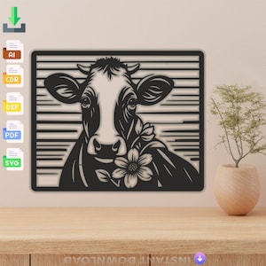 Cow Head with Flower Laser Cut File: SVG DXF Vector (Digital Download)