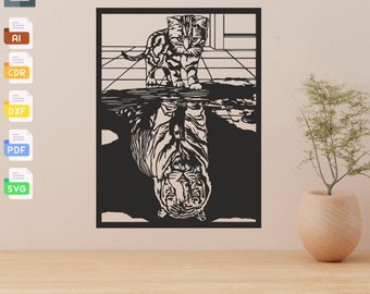 Gato ve a un león en el espejo SVG: Arte de pared cortado con láser (descarga digital)