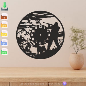 May include: Black and white silhouette of a hunter with a dog and a gun, with a clock face in the center. The clock face has Roman numerals and a black background.