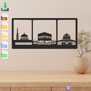 Pode incluir: Silhueta em preto e branco de três mesquitas, incluindo a Caaba, o Domo da Rocha e a Mesquita Al-Haram. A imagem é um download digital para projetos de artesanato.