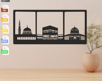 May include: Black and white silhouette of three mosques, including the Kaaba, the Dome of the Rock, and the Masjid al-Haram. The image is a digital download for crafting projects.