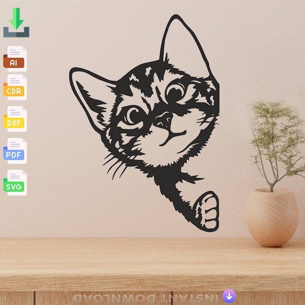 Wall Decoration Peeping Cat Laser Cut, Svg, Dxf, Glowforge CNC Cutting, Pdf , Dxf, Svg Ai Eps Digital Vector Files Instant Download