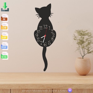 Peut inclure: Silhouette noire d'un chat avec un cadran d'horloge sur le ventre. Le cadran de l'horloge a des chiffres blancs et une aiguille des heures rouge. La queue du chat est longue et incurvée.