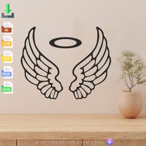 Könnte beinhalten: Schwarz-weiße Silhouette von Engelsflügeln mit einem Heiligenschein darüber. Die Flügel sind im Stil einer Federzeichnung gestaltet. Das Bild ist auf einem hellbeigen Hintergrund.