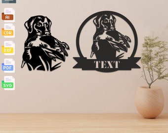 May include: Black and white silhouette of a dog holding a duck in its mouth. The dog is in a circle with a banner underneath that says "TEXT".