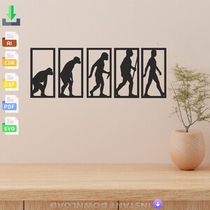 May include: A black and white silhouette wall art depicting the evolution of humans, from a monkey to a modern human. The silhouettes are framed in black squares and arranged in a row.