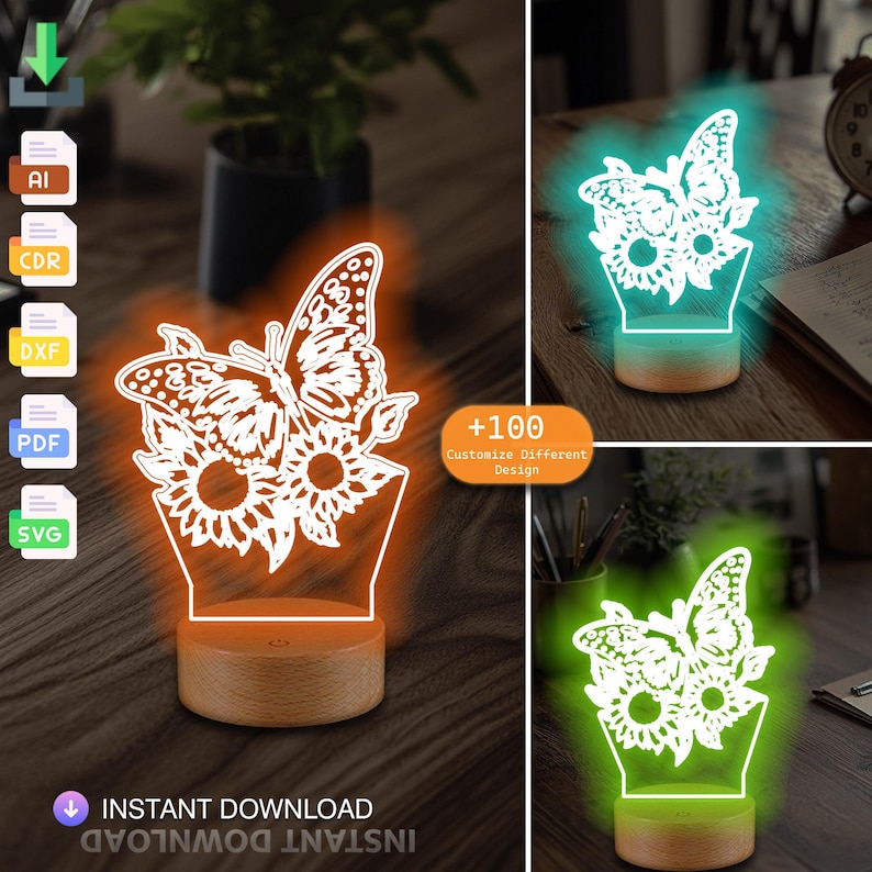 Led Light Files Butterfly Led Lamp Svg , 3D Led Light, Files DXF, CDR, Pdf, SVG for ...