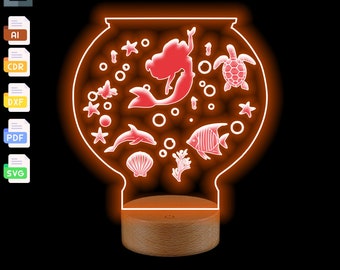 Archivos vectoriales digitales de luz nocturna 3D para acuario: sirena y pez (corte láser)