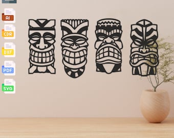 Archivos cortados con láser de máscara Tiki: Plantilla vectorial SVG DXF (descarga digital)