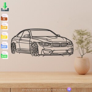 Puede incluir: Dibujo de línea de un coche BMW negro en una pared blanca. El coche está de frente y tiene un diseño deportivo. El dibujo es de estilo sencillo y es adecuado para usar como decoración de pared o como plantilla para un proyecto de arte de pared de metal.