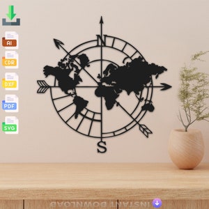 Weltkarte, Kompass, Dekoration, Design, Laserschnitt, SVG-Dxf-Dateien, Wandaufkleber, Gravur, Silhouette, Vorlage, geschnittener digitaler Vektor, sofortiger Download