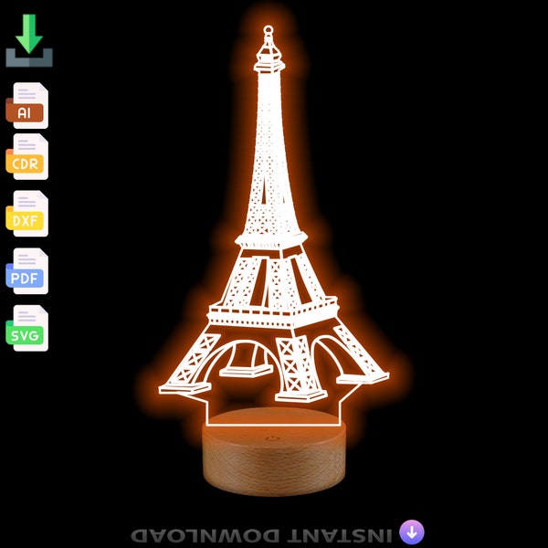 Tour Eiffel 3D lampe Svg fichier, Illusion Acrylique Hologramme Nuit Led Lampe Laser Cut Gravure Dxf Glowforge Svg Fichier Digital Vector Download